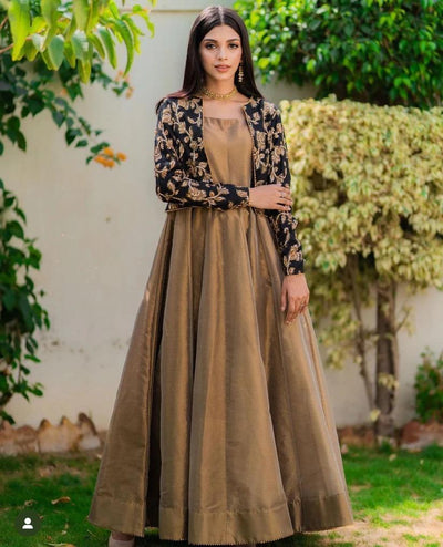 embroidered silk maxi with jacket
