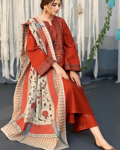 AYAT- 3PC EMBROIDERED WITH&nbsp; DIGITAL SHAWL