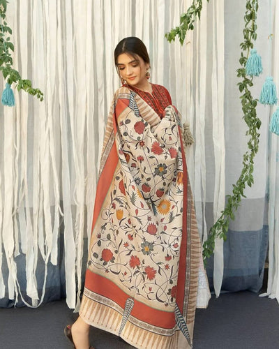 AYAT- 3PC EMBROIDERED WITH&nbsp; DIGITAL SHAWL
